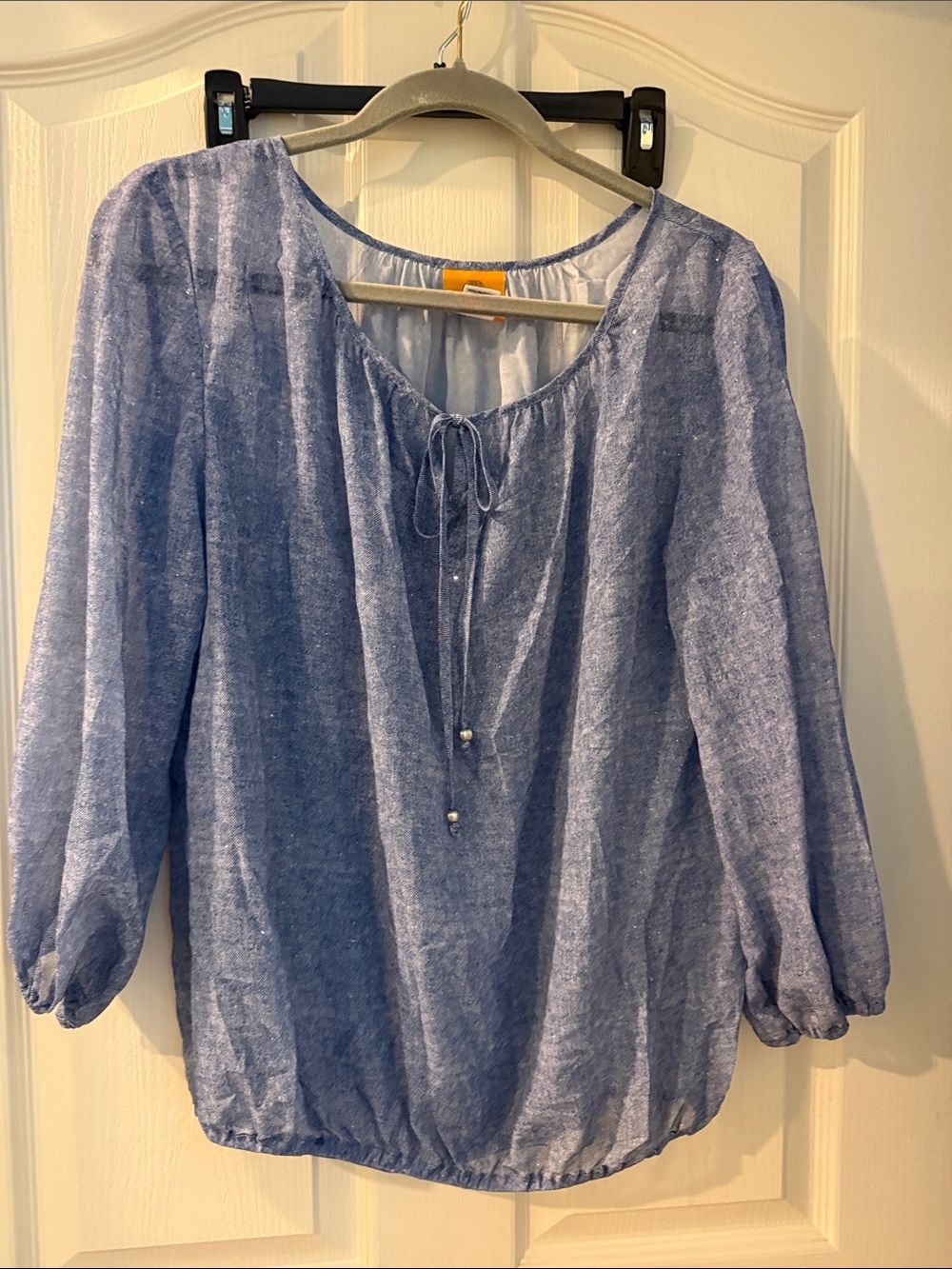 Ruby Rd. Light Blue Peasant Top with Tie Neck